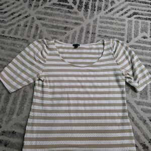 Ann Taylor Beige and White Striped Short Sleeve Top